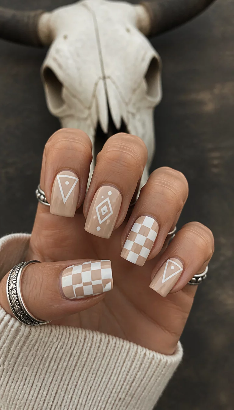 High Desert Checkerboard close-up shot of a woman’s hand with five fingers showing square-shaped, beige-based nails with white geometric designs and a checkered pattern, a large cow bone skull is in the background.
