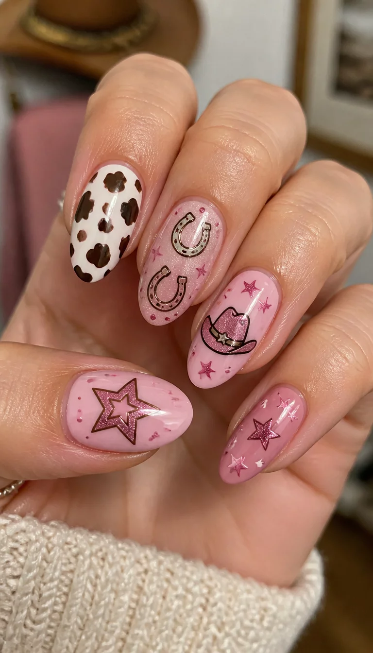 Horseplay And Hearts close-up shot of a woman’s hand with five fingers showing oval, pink-toned nails with a variety of western motifs: cow print, horseshoes, cowboy hats, and stars, soft indoor lighting.