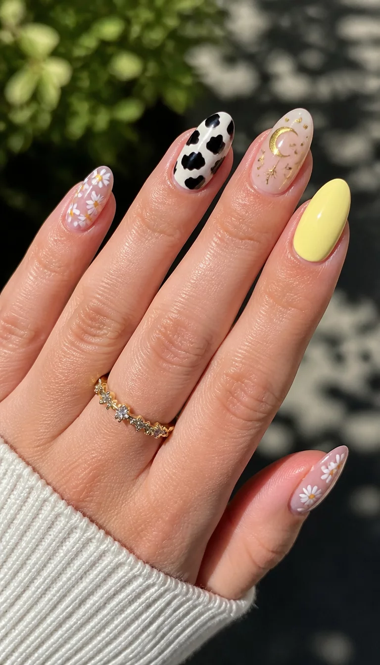 The Eclectic Cowgirl Mix close-up shot of a woman’s hand with five fingers showing almond-shaped nails with various designs: daisies, cow print, a crescent moon with stars, and a solid yellow accent nail, outdoor natural lighting.