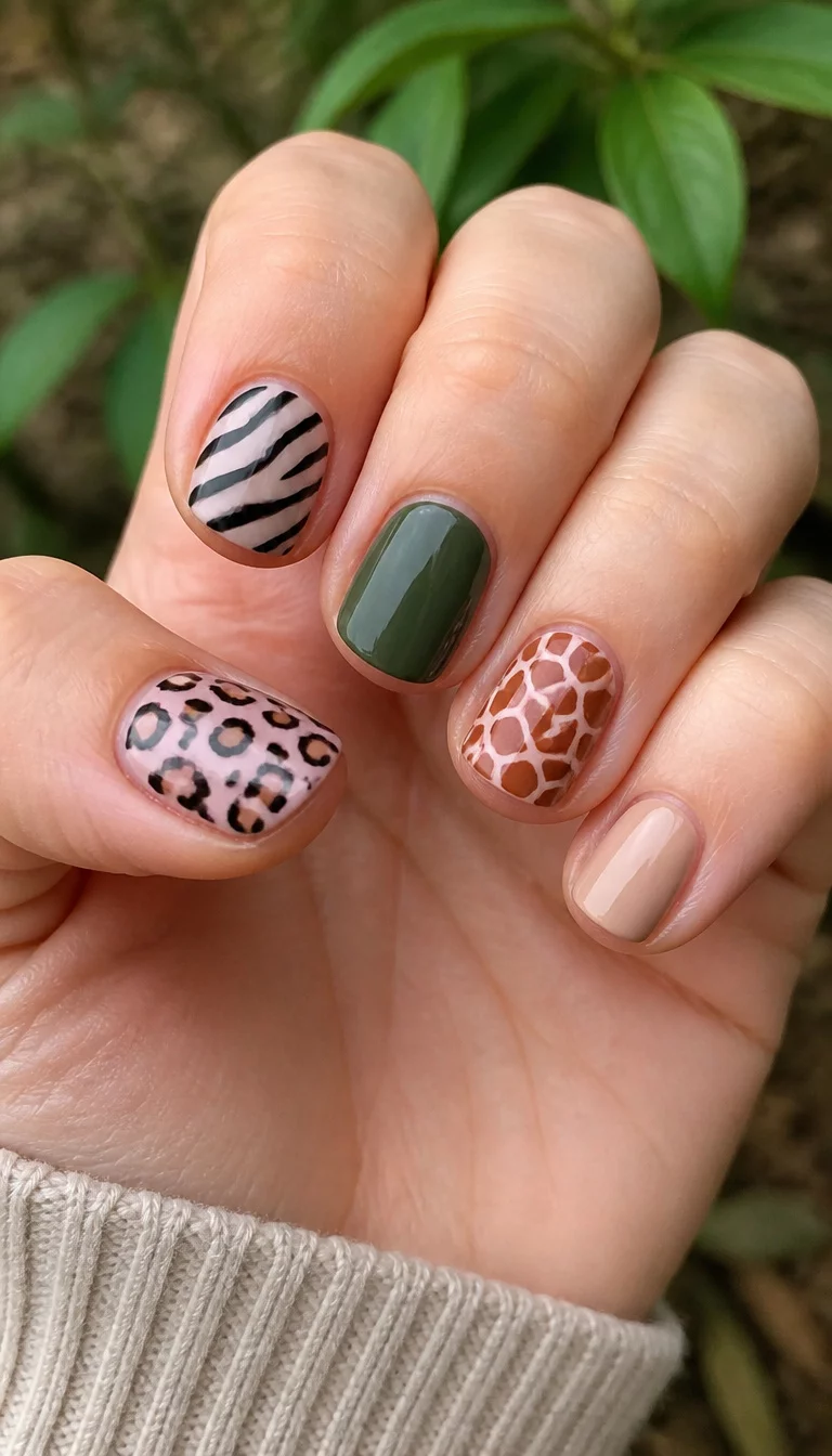 Wild Kingdom Accents close-up shot of a woman’s hand with five fingers showing short, light pink nails with animal prints like leopard, zebra, and giraffe, and a plain beige or dark green accent nail, natural background.
