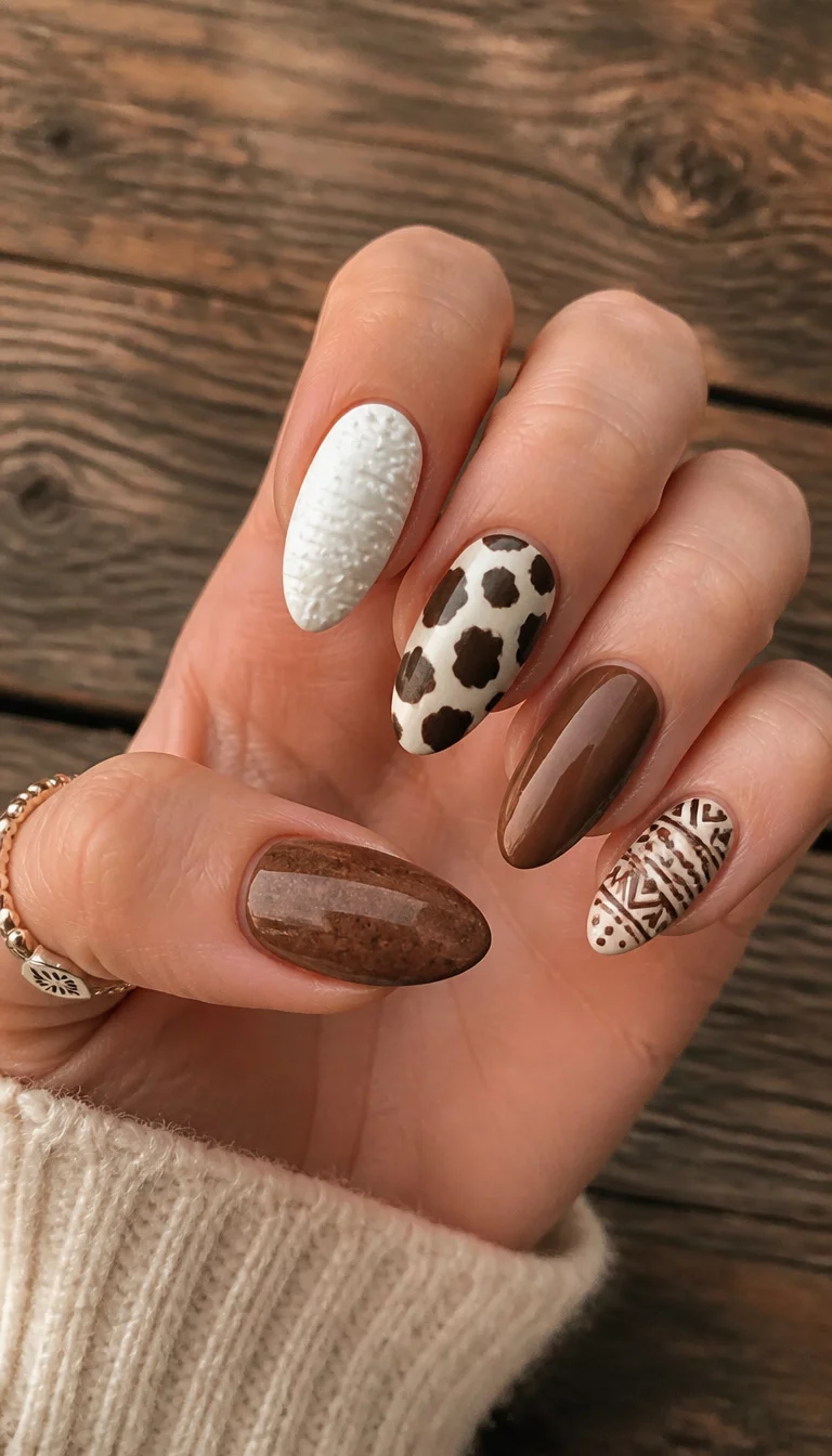 The Textured Tribal Mix close-up shot of a woman’s hand with five fingers showing almond-shaped nails with a mix of textured white, cow print, brown, and tribal geometric designs, wooden background.
