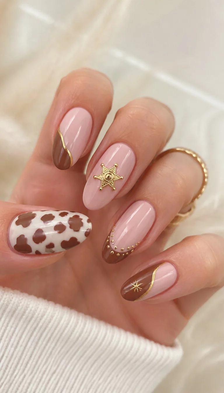 The High Plains Sheriff close-up shot of a woman’s hand with five fingers showing oval, light pink and brown nails featuring various designs: cow print, gold accents, and a sheriff star, soft light background.