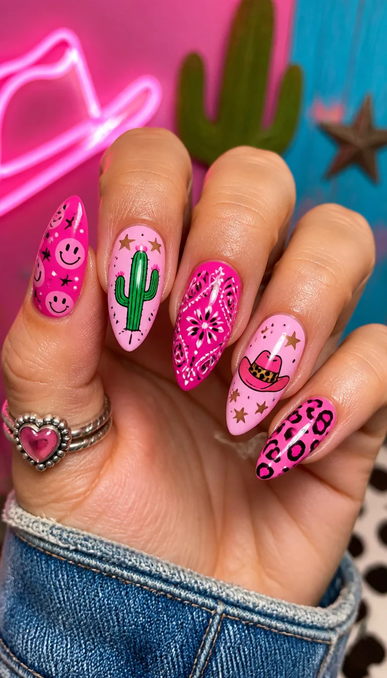 Vibrant Pink Ranchero close-up shot of a woman’s hand with five fingers showing almond-shaped, vibrant pink nails with various western motifs: smiley faces, cacti, bandanas, hats, stars, and leopard print, colorful background.