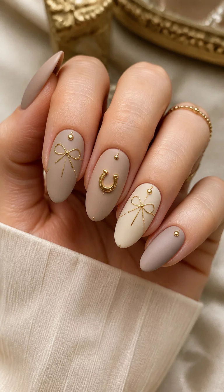 The Lucky Golden Horseshoe close-up shot of a woman’s hand with five fingers showing oval, matte nails in beige and cream shades, accented with gold ribbons, studs, and a horseshoe charm, elegant background.
