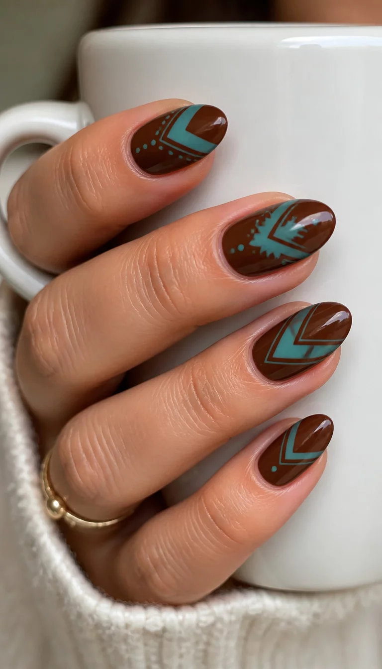 Southwestern Ceramic Style close-up shot of a woman’s hand with five fingers showing almond-shaped, brown nails with a geometric turquoise pattern, hand holding a white mug.