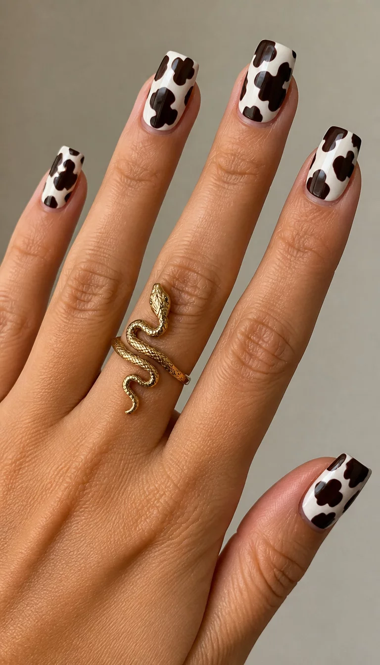 Golden Serpent Style close-up shot of a woman’s hand with five fingers showing square nails with a dark brown and white cow print design, a unique gold snake ring adorns one finger, neutral background.