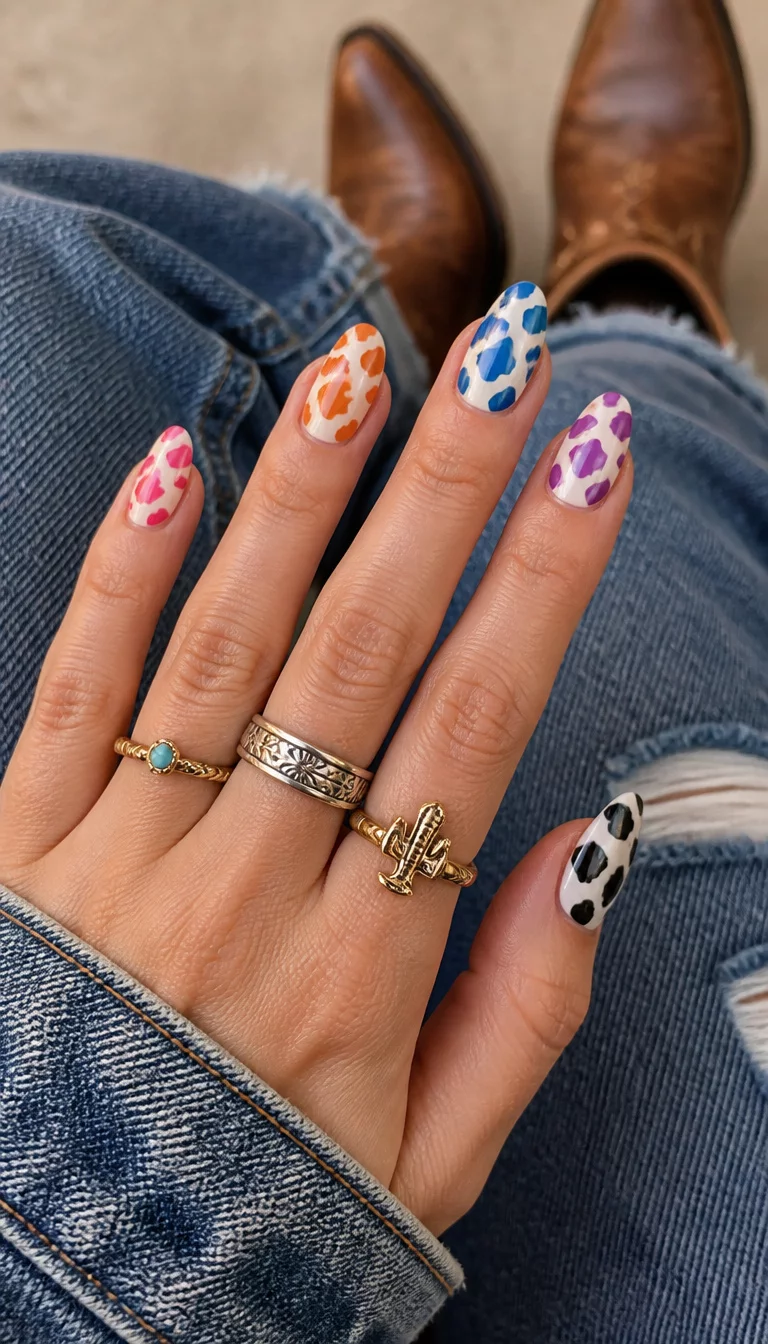 Denim And Daisies close-up shot of a woman’s hand with five fingers showing almond-shaped nails featuring colorful cow print designs on a light base, denim jeans and leather boots in the background.
