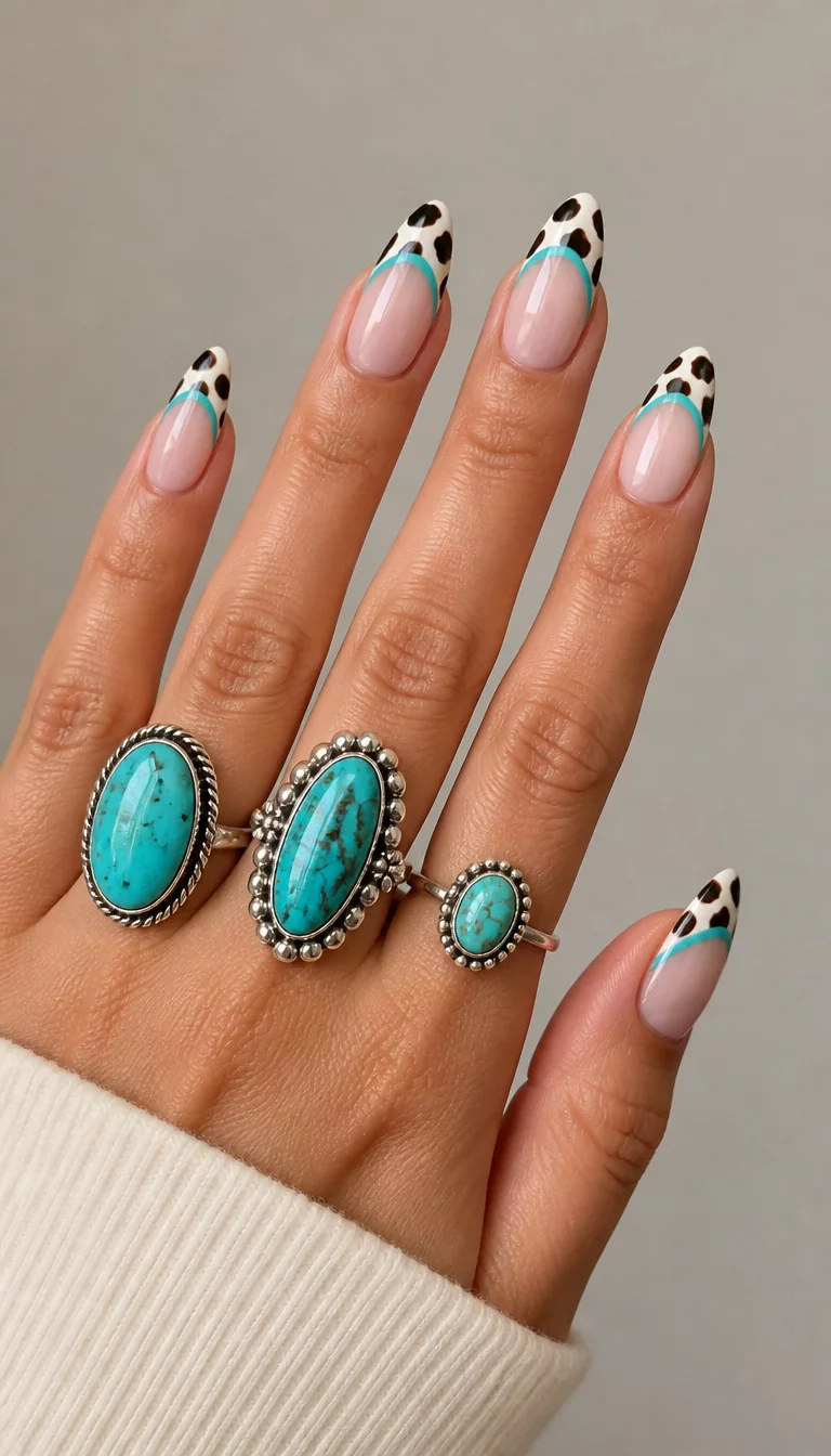 The Turquoise French Twist close-up shot of a woman’s hand with five fingers showing almond-shaped, French tip nails with cow print and turquoise accents, styled with large turquoise rings, neutral background.