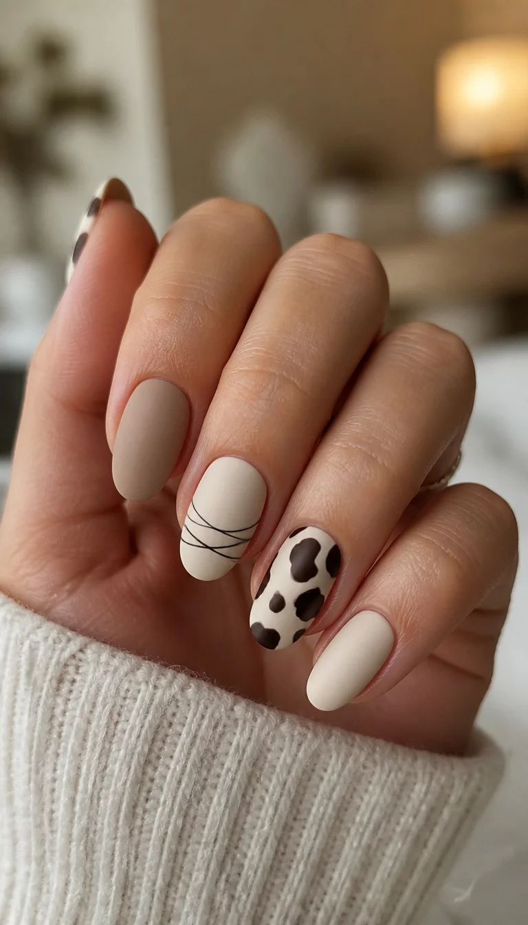 Minimalist Bovine Chic close-up shot of a woman’s hand with five fingers showing oval, matte nails in shades of beige and cream, with one accented by a subtle black string design and others with a cow print, blurred indoor setting.