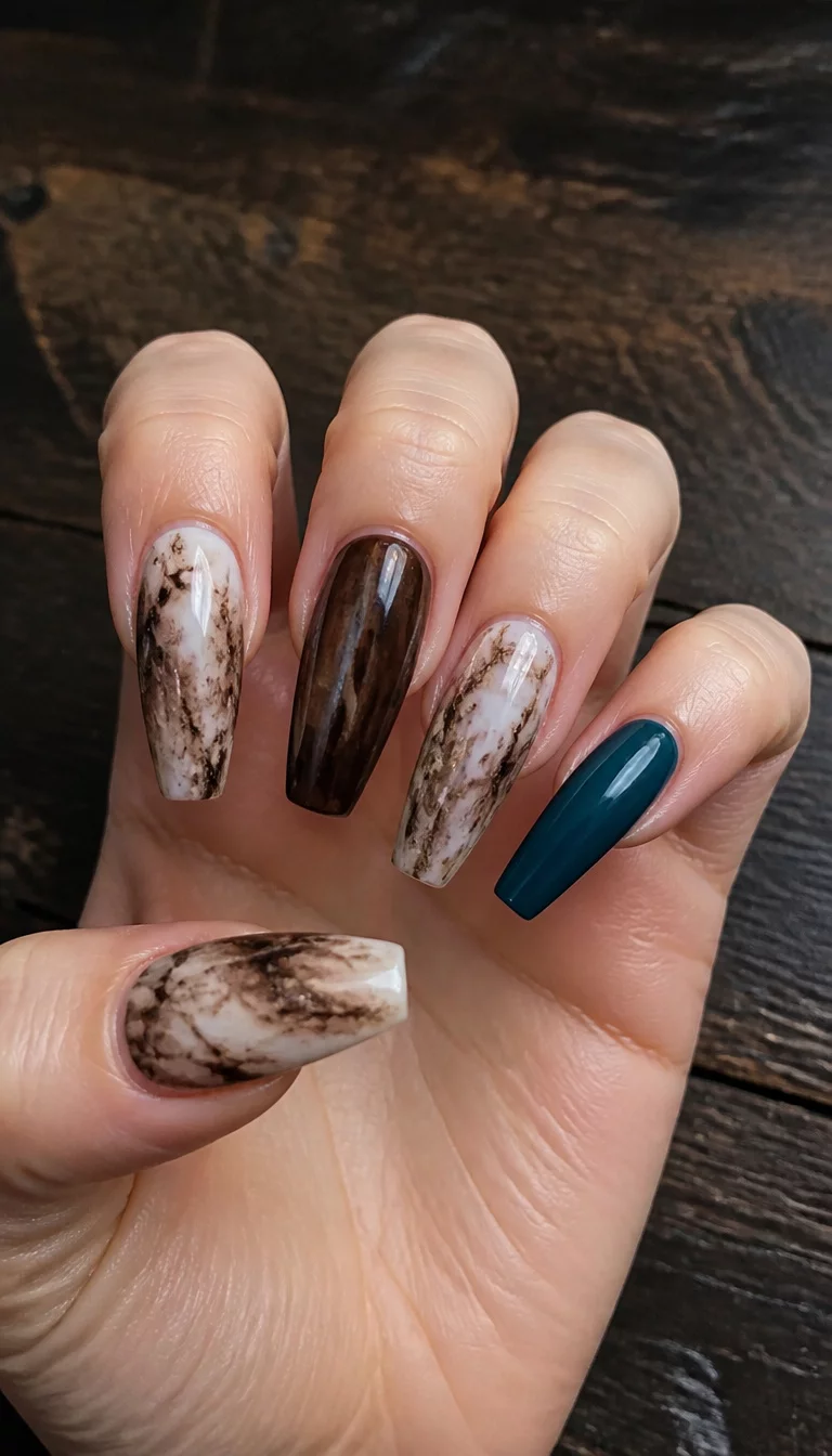 Turquoise Teal And Timber close-up shot of a woman’s hand with five fingers showing coffin-shaped nails with a dark brown stain-like effect, white and brown textures, and a dark teal solid nail, dark wood background.