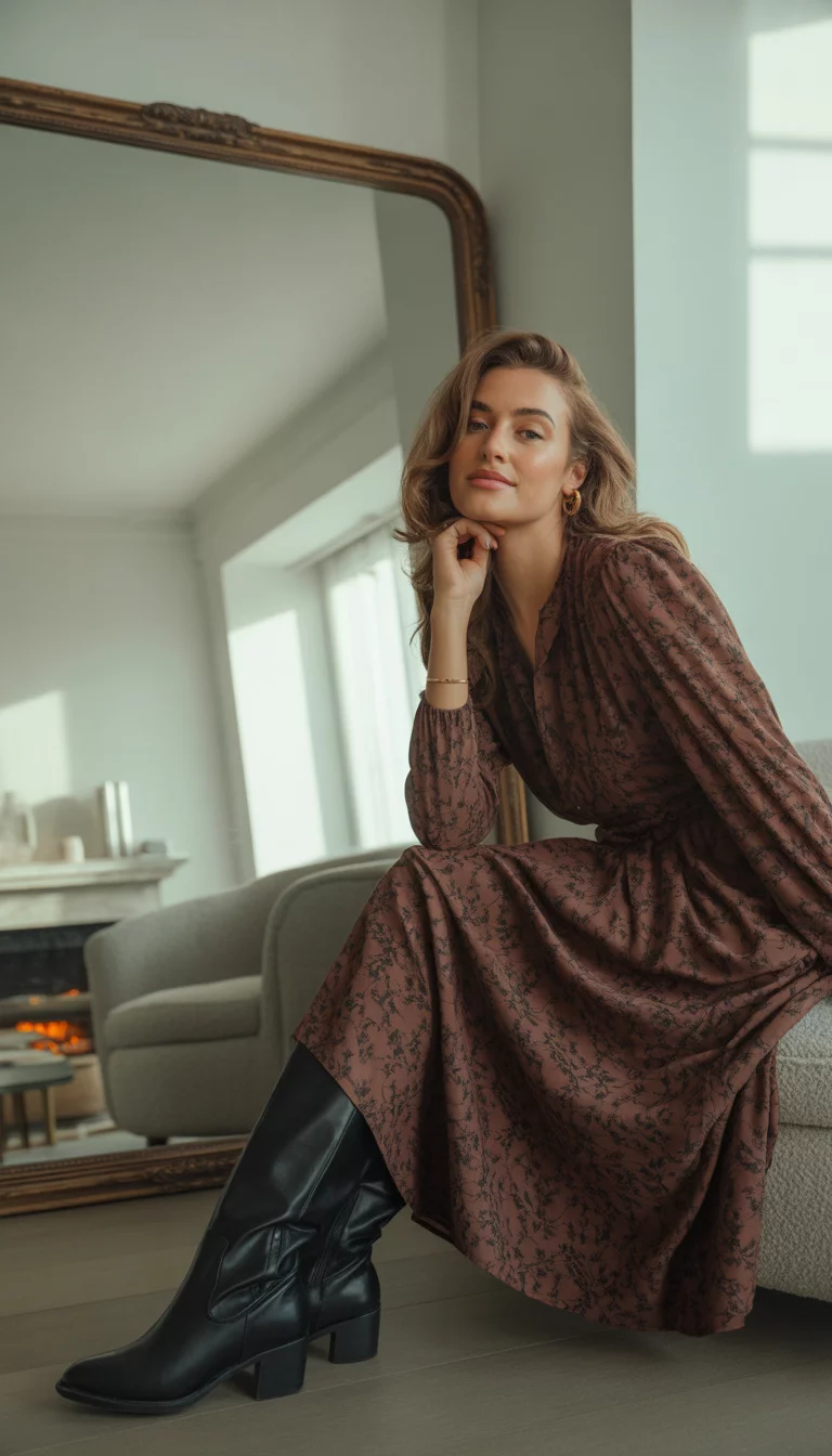 A beautiful 29-year-old woman in a brown patterned midi dress and black leather knee-high boots, she takes a mirror selfie in a stylishly decorated room.