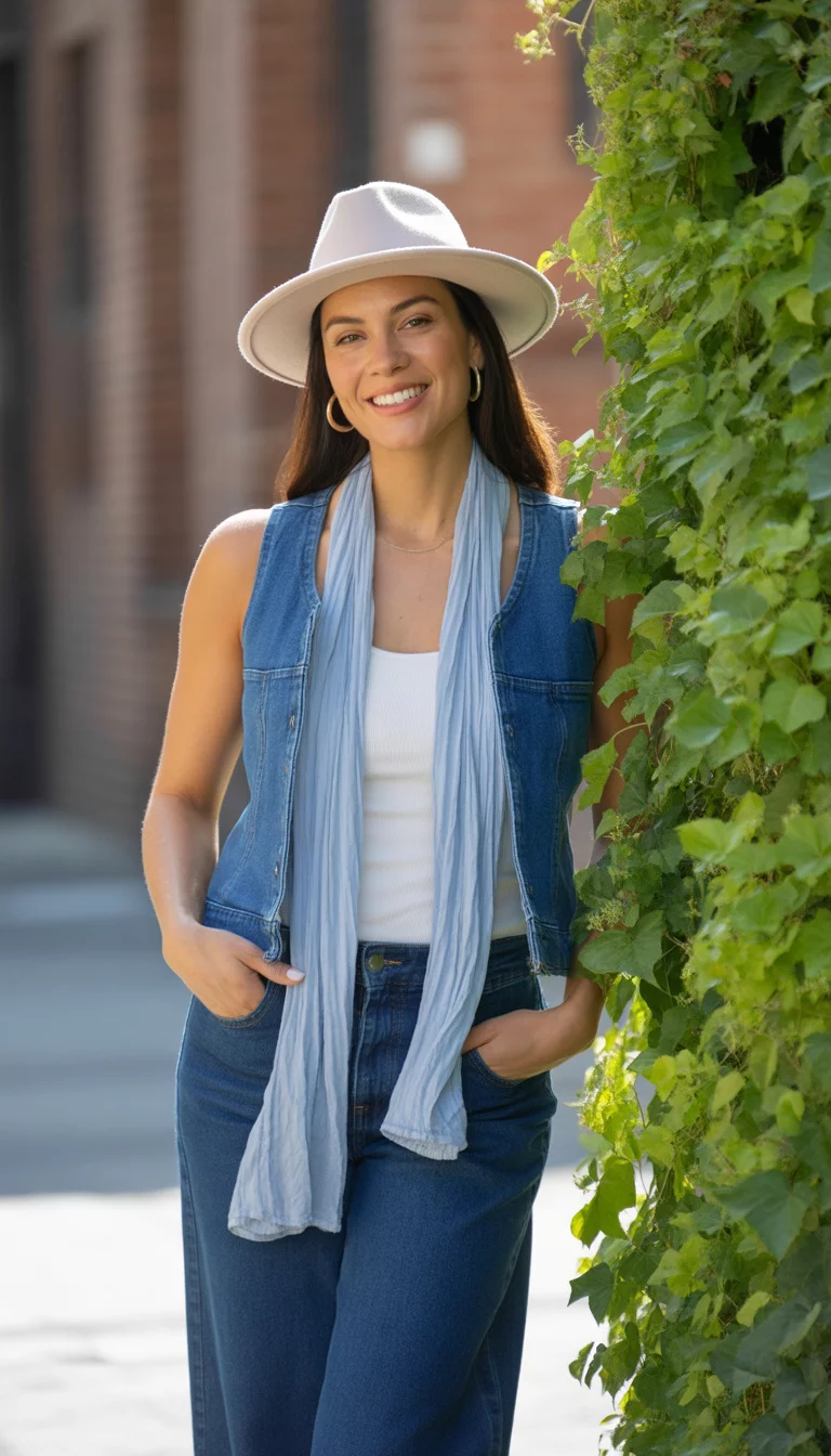 A beautiful 35-year-old woman in a blue denim vest, white tank top, pale blue scarf, and dark blue wide-leg jeans, she wears a white fedora and smiles confidently.