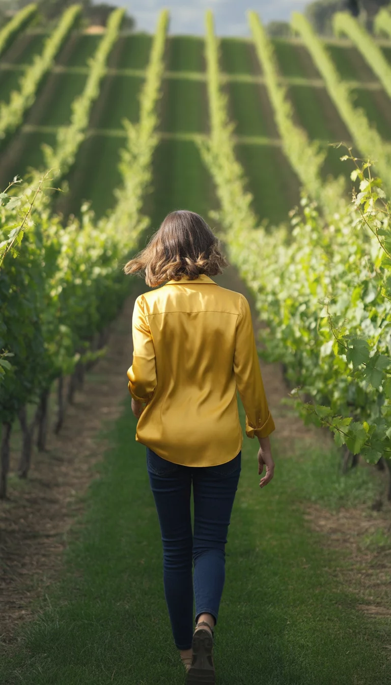 A beautiful 31-year-old woman in a bright yellow satin long-sleeve shirt and dark blue skinny jeans, walking away from the camera down a perspective-heavy vineyard row.