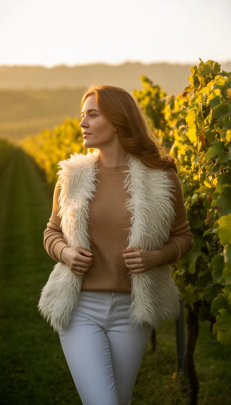 A beautiful 28-year-old woman in a camel cashmere sweater, white skinny jeans, and a fluffy white faux-fur vest, she stands in a sun-drenched vineyard during the golden hour.