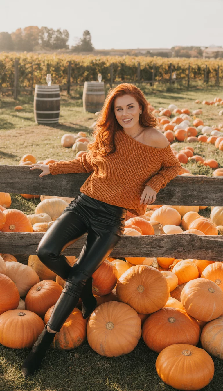 A beautiful 26-year-old woman in an orange cold-shoulder knit sweater and black faux-leather pants, she poses playfully in a vibrant pumpkin patch at a winery.