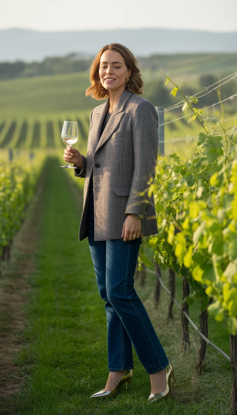 A beautiful 34-year-old woman in a grey tweed blazer, dark blue jeans, and gold pointed-toe heels, she holds a glass of white wine while standing between vineyard rows.