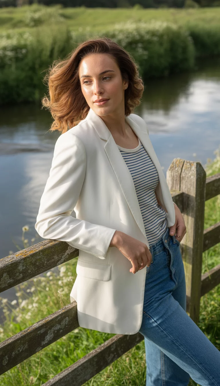 A beautiful 27-year-old woman in a white tailored blazer, navy striped Breton top, and blue jeans, posing by a wooden fence near a flowing river.