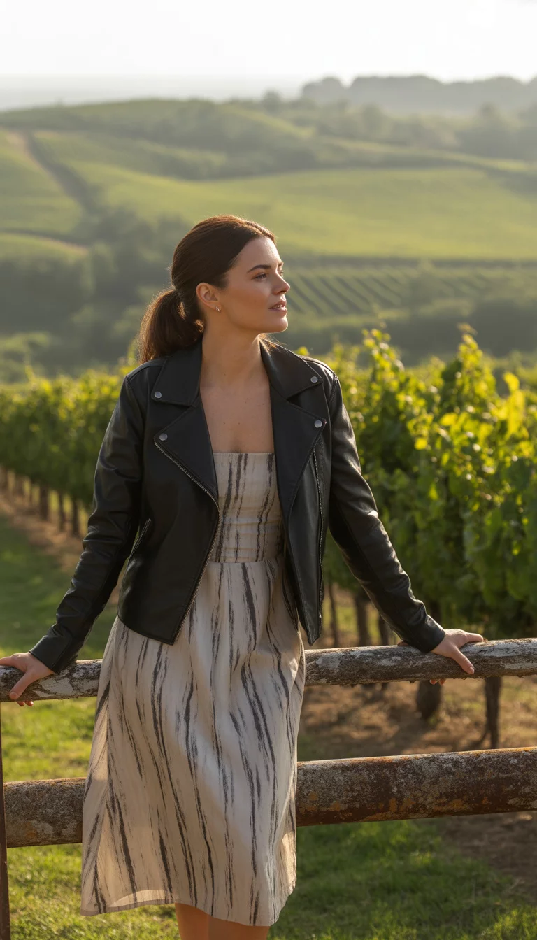 A beautiful 32-year-old woman in a strapless abstract-print midi dress and a black leather motorcycle jacket, she leans casually on a rustic wooden railing in a vineyard.