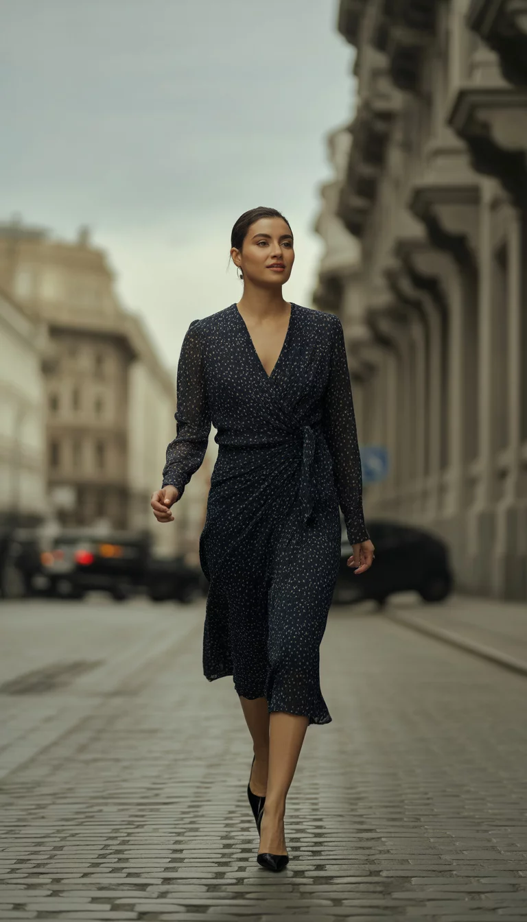 A beautiful 33-year-old woman in a dark navy polka-dot wrap dress and black pointed-toe heels, she walks across a classic city street with vintage architecture in the background.