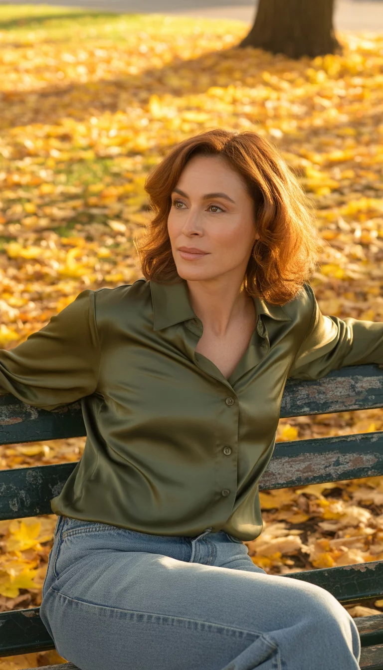 A beautiful 35-year-old woman in an olive green satin button-down shirt and light wash blue jeans, she sits on a dark park bench with vibrant golden autumn leaves in the background.