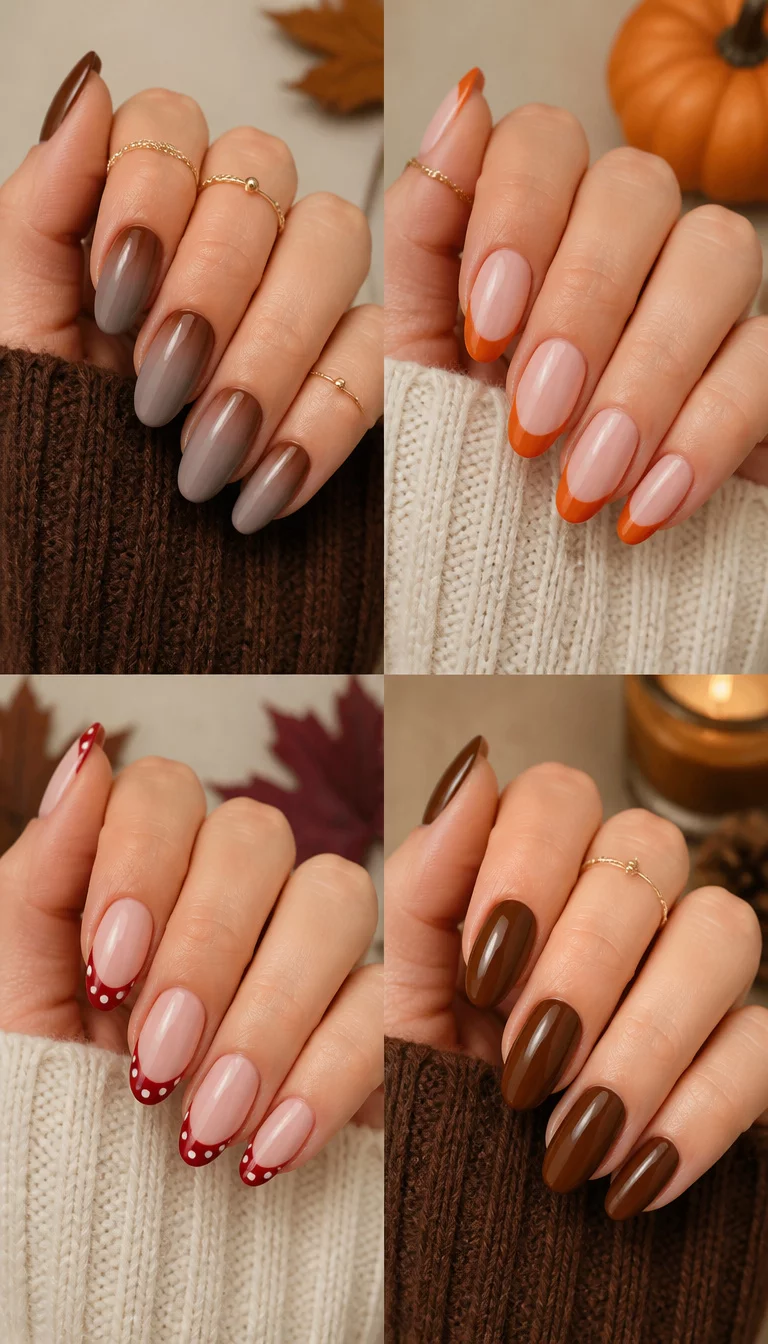 Fall Ombre And Polka Dot Tips close-up shot of a woman’s hand with five fingers showing a collage displaying four fall nail looks: ombre brown/grey, orange French tips, red with polka dot French tips, and solid brown.