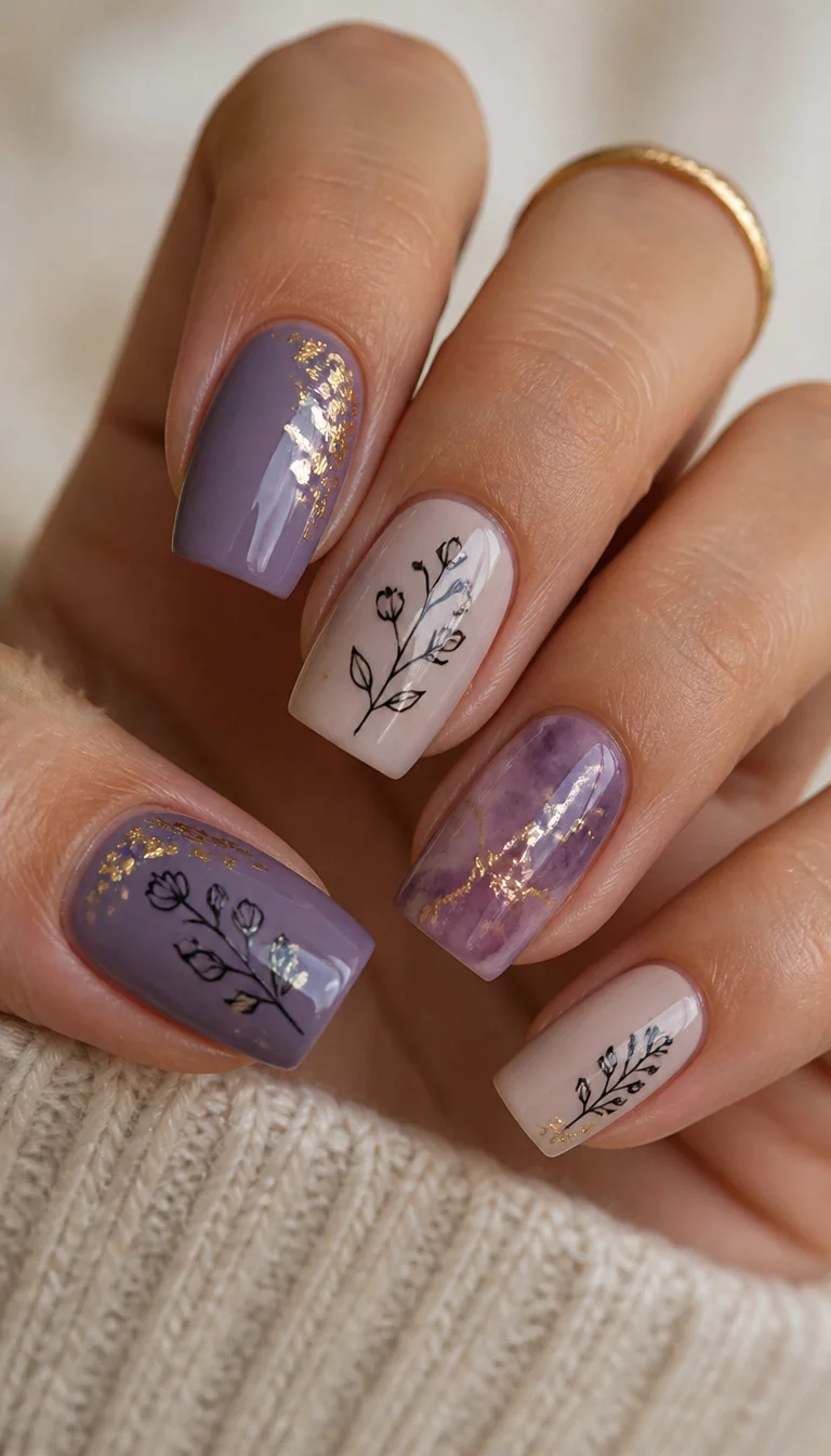 Muted Purple Floral Accents close-up shot of a woman’s hand with five fingers showing square nails in a muted purple and beige, with delicate black floral designs and gold leaf accents.