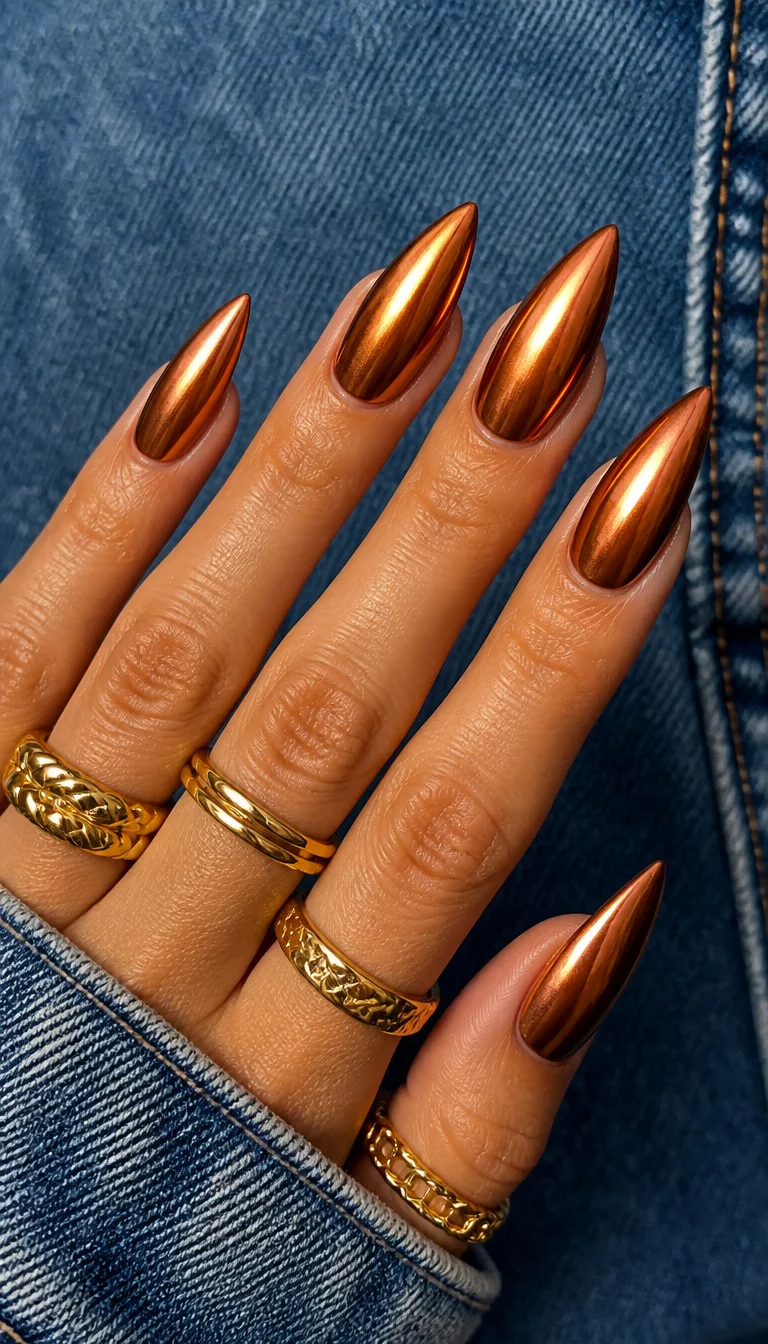 Metallic Copper Stiletto Finish close-up shot of a woman’s hand with five fingers showing stiletto-shaped nails with a metallic copper finish, worn with gold rings against a denim-like background.
