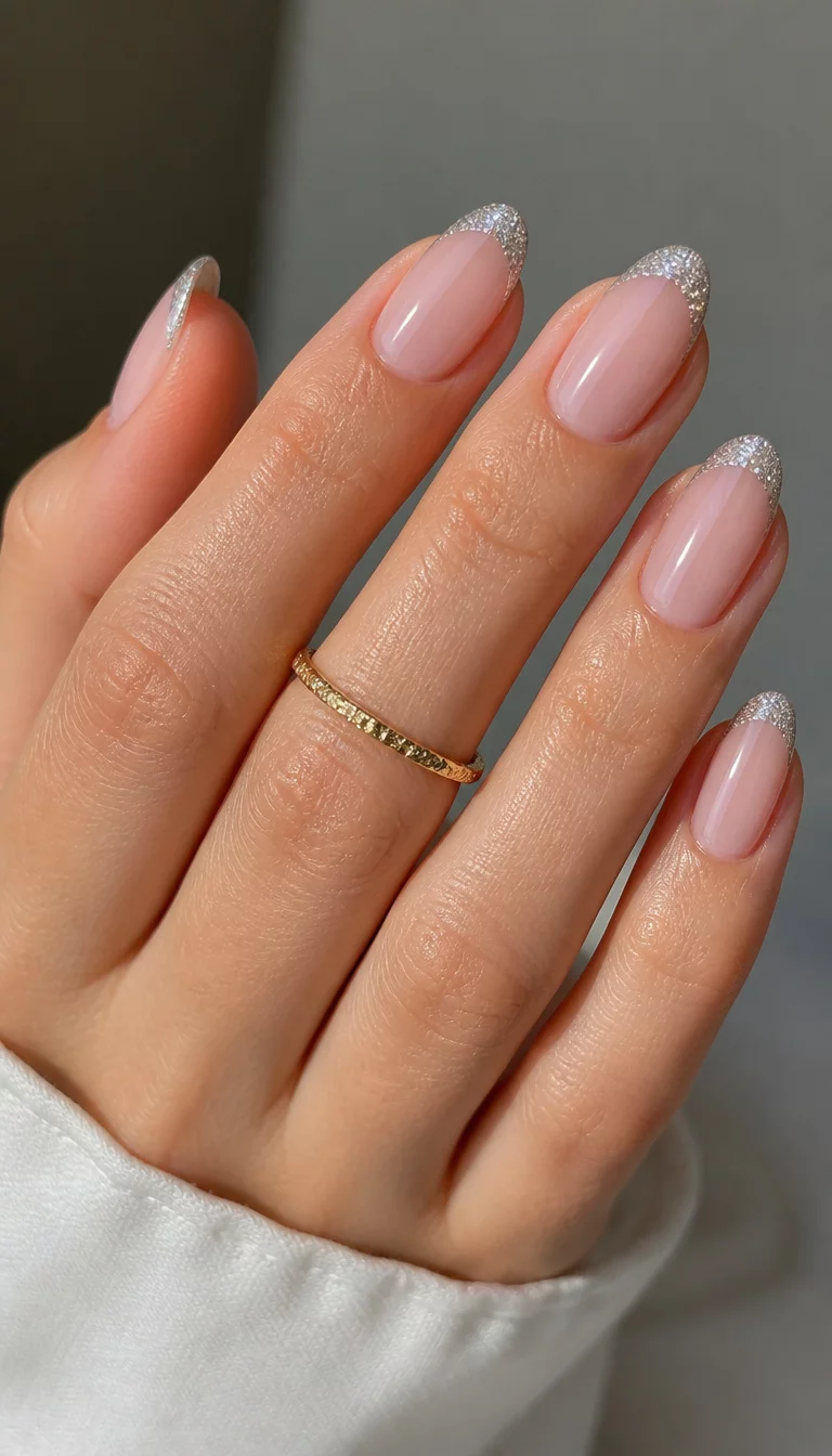 Silver Glitter French Tips close-up shot of a woman’s hand with five fingers showing almond-shaped nails with a French manicure featuring a silver glitter tip and a transparent base, accented by a thin gold ring.