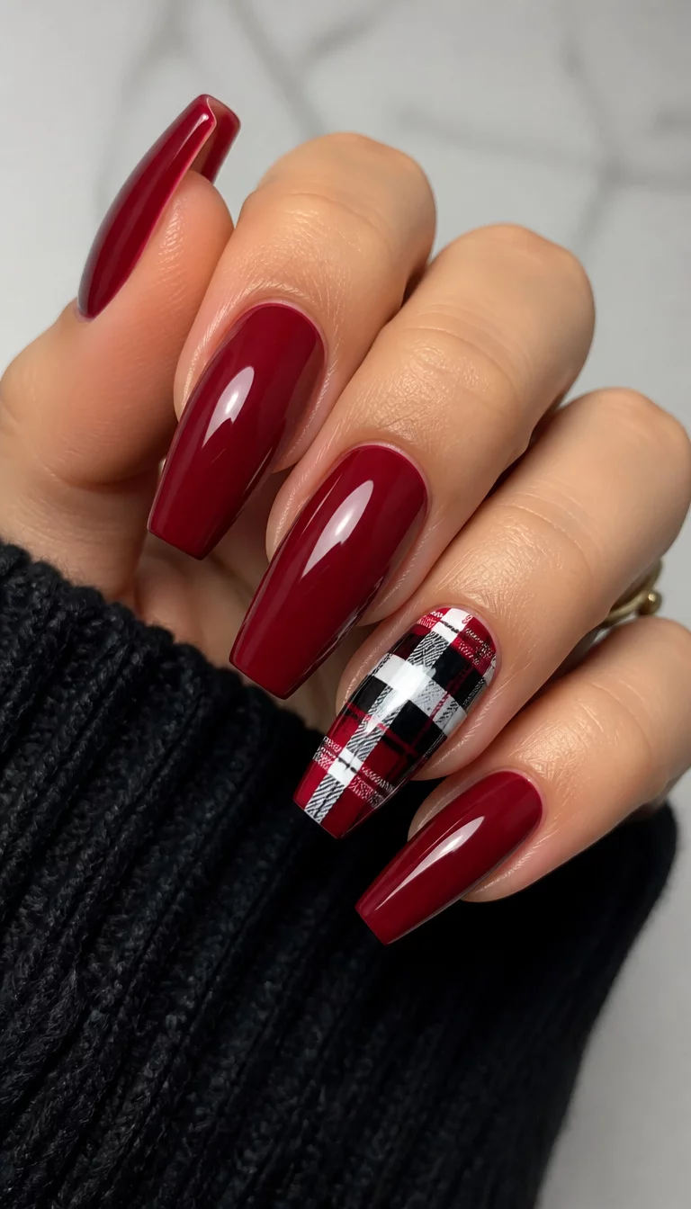 Deep Red And Plaid Coffin Nails close-up shot of a woman’s hand with five fingers showing coffin-shaped nails in a deep red hue, with one accent nail featuring a black, white, and red plaid pattern.