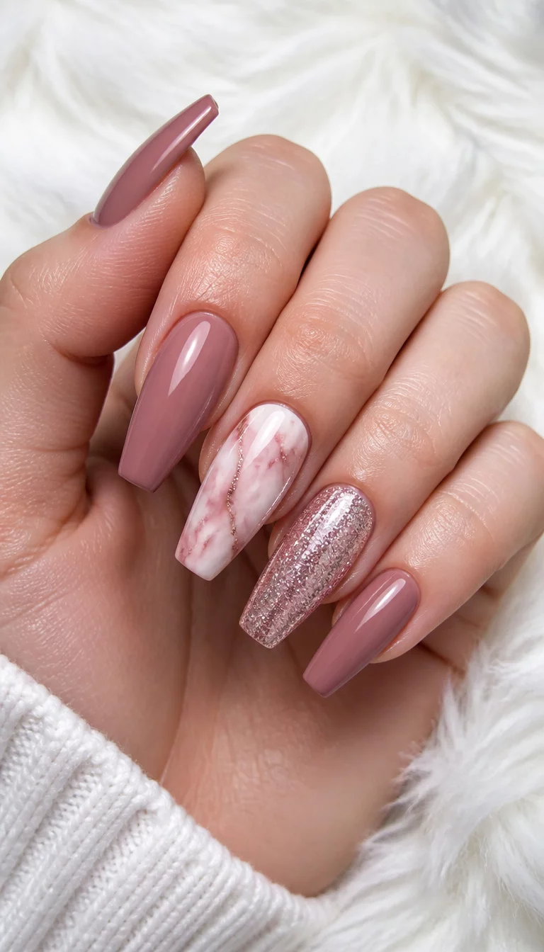 Dusty Rose Marble And Glitter close-up shot of a woman’s hand with five fingers showing coffin-shaped nails in a dusty rose shade and marble print, with sparkly glitter accent nails against a fluffy white background.