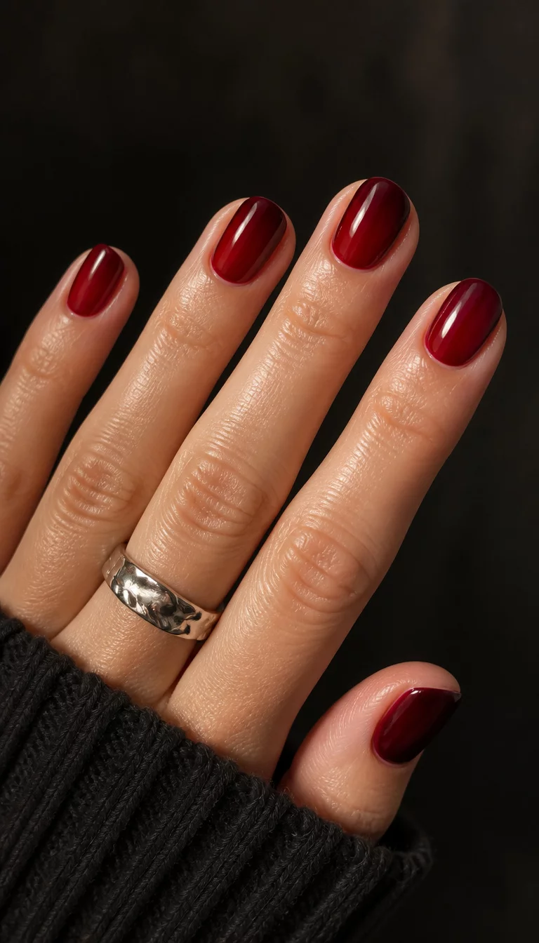 Glossy Red Gradient Ovals close-up shot of a woman’s hand with five fingers showing short oval nails with a deep, glossy red, gradient effect, and a silver ring, against a darker background.