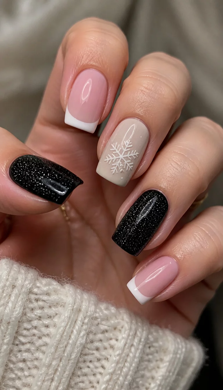 Winter Snowflake Variety Pack close-up shot of a woman’s hand with five fingers showing a mix of square and French tip nails: black with glitter, light beige with a snowflake design, and classic French tips.