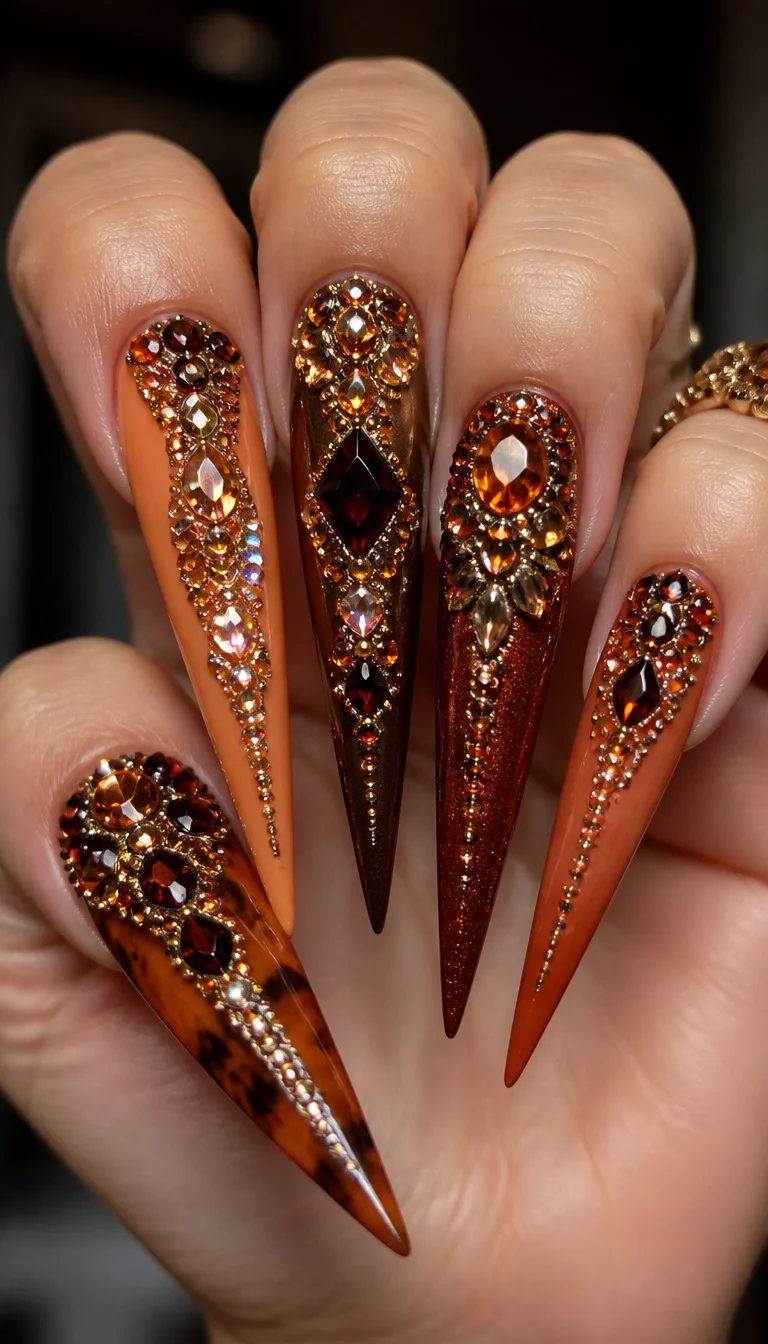 Heavy Rhinestone Stiletto Drama close-up shot of a woman’s hand with five fingers showing extremely long stiletto nails in orange, brown, and deep rust, heavily embellished with various sizes of rhinestones and crystals.