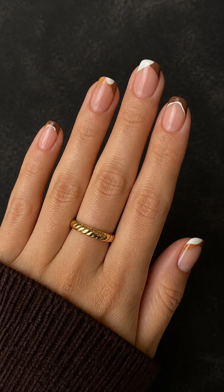 Abstract Brown French Tips close-up shot of a woman’s hand with five fingers showing natural-looking nails with an abstract French tip design in brown, white, and tan, set against a dark surface.
