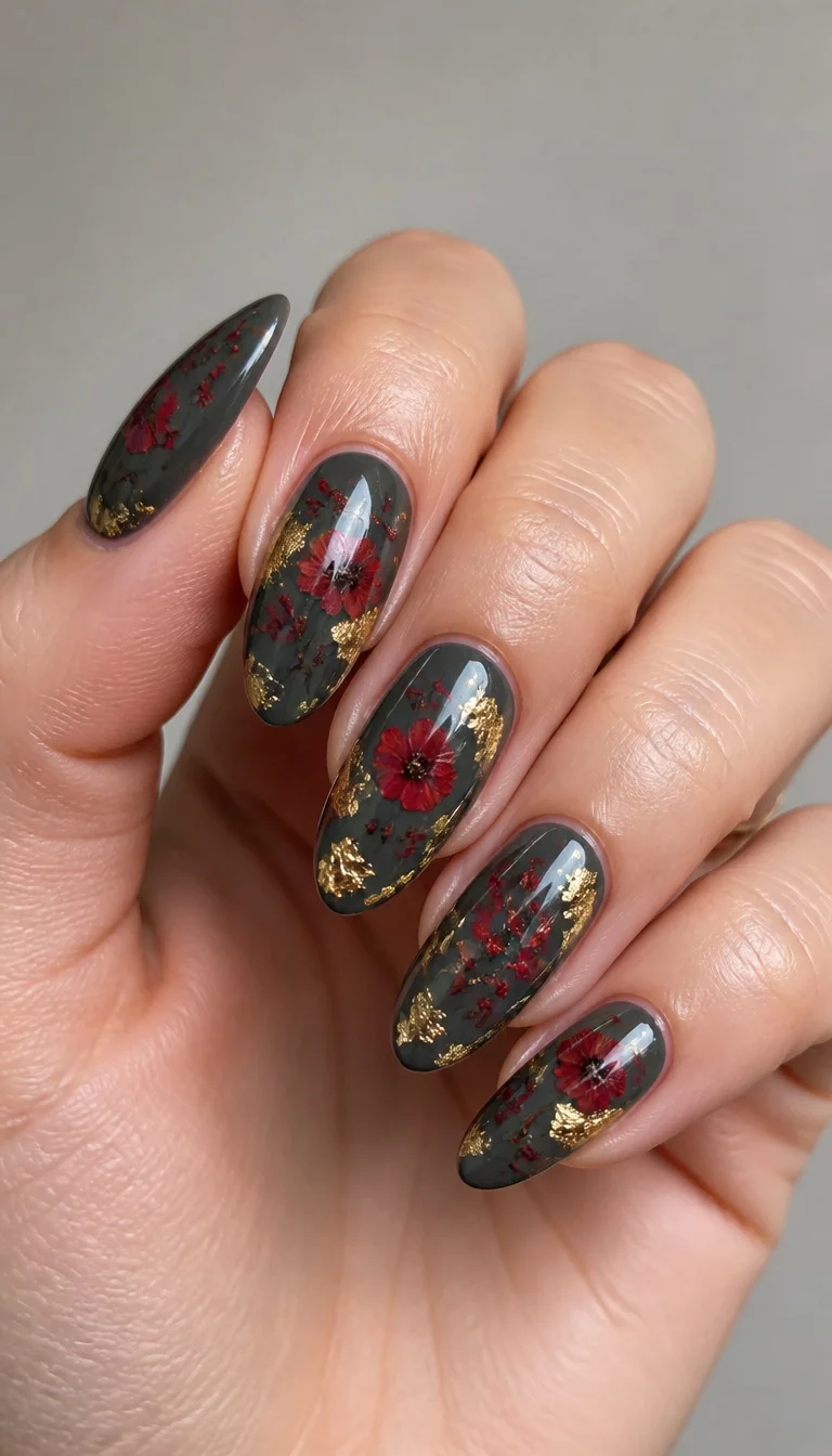 Dark Gray With Pressed Flowers close-up shot of a woman’s hand with five fingers showing almond-shaped nails with a dark gray base, decorated with pressed red flowers and gold foil accents, against a neutral background.