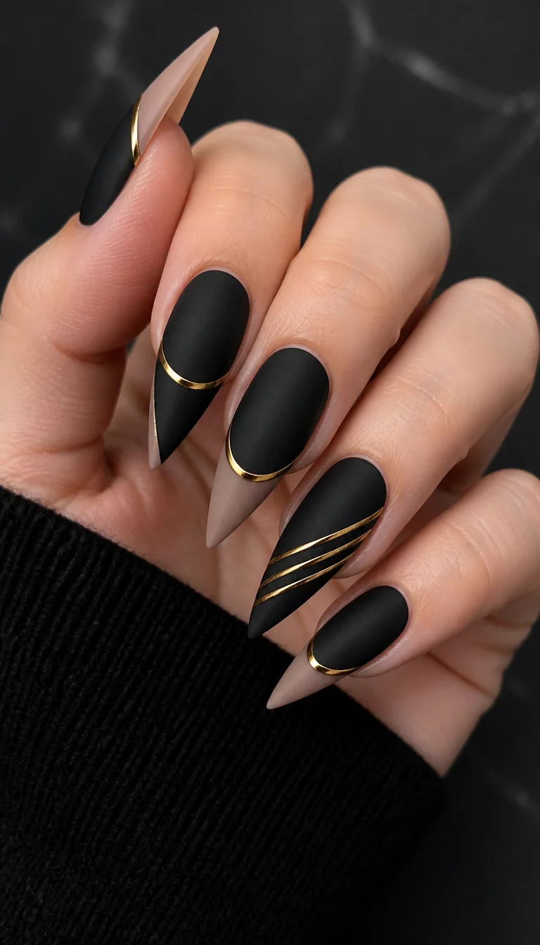 Matte Black And Metallic Stripes close-up shot of a woman’s hand with five fingers showing stiletto nails with a matte black finish and a beige French tip, embellished with thin gold metallic stripes.