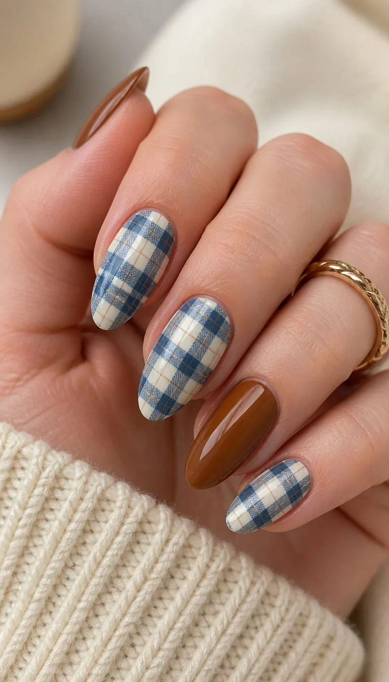 Blue And Brown Plaid Mix close-up shot of a woman’s hand with five fingers showing almond-shaped nails featuring a blue and white plaid pattern, and accent nails in a warm brown.
