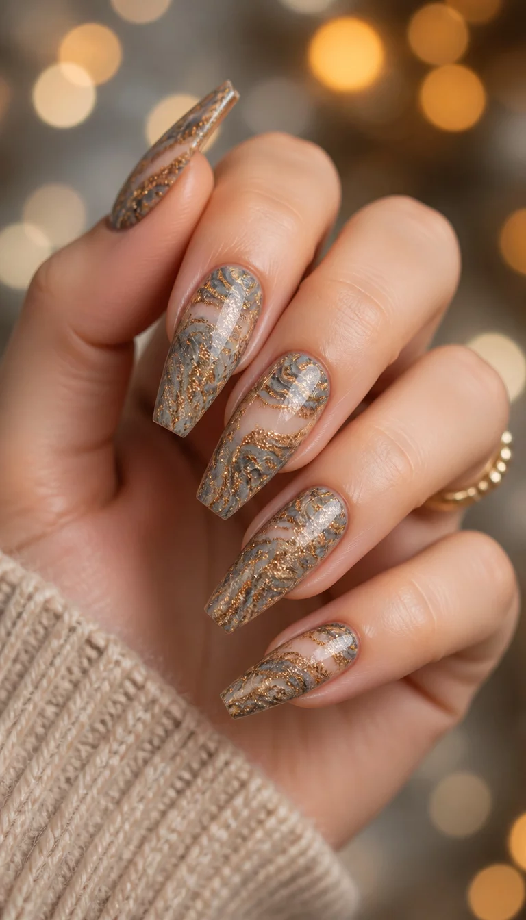 Bronze Glitter And Marble Coffin close-up shot of a woman’s hand with five fingers showing coffin-shaped nails with a bronze glitter finish and intricate grey and beige marbling, set against a bokeh background.