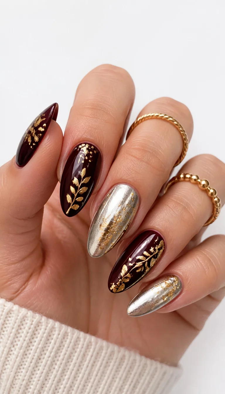 Burgundy Elegance With Gold Leaf close-up shot of a woman’s hand with five fingers showing almond-shaped nails in deep burgundy and silver, adorned with gold leaf and foil details against a white background.