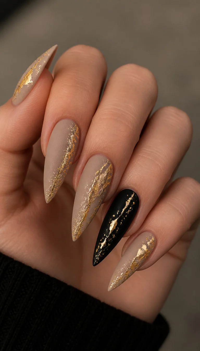 Matte Nude And Black Contrast close-up shot of a woman’s hand with five fingers showing stiletto nails with a matte beige base and abstract gold foil and glitter accents, contrasted with one black nail.