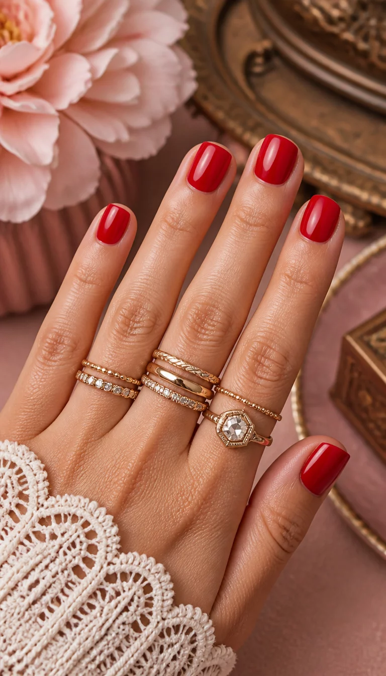 Vibrant Red With Stacked Rings close-up shot of a woman’s hand with five fingers showing short, square nails in a vibrant red color, worn with multiple stacked rings against a soft pink and brown decorative background.