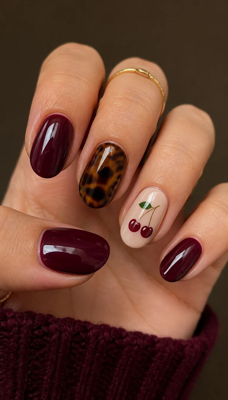 Burgundy Cherry And Tortoise Shell close-up shot of a woman’s hand with five fingers showing oval-shaped nails in a deep burgundy, with one accent nail featuring tortoise shell pattern and another with cherries.