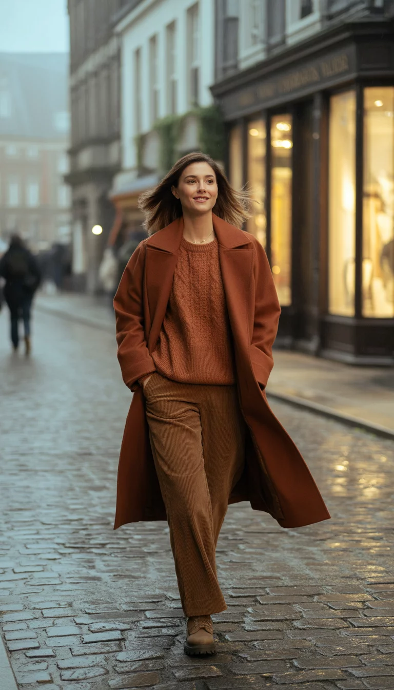 A beautiful 33-year-old woman in an oversized rust-colored coat, a matching knit sweater, corduroy pants, and brown boots, walks down a cobblestone street.