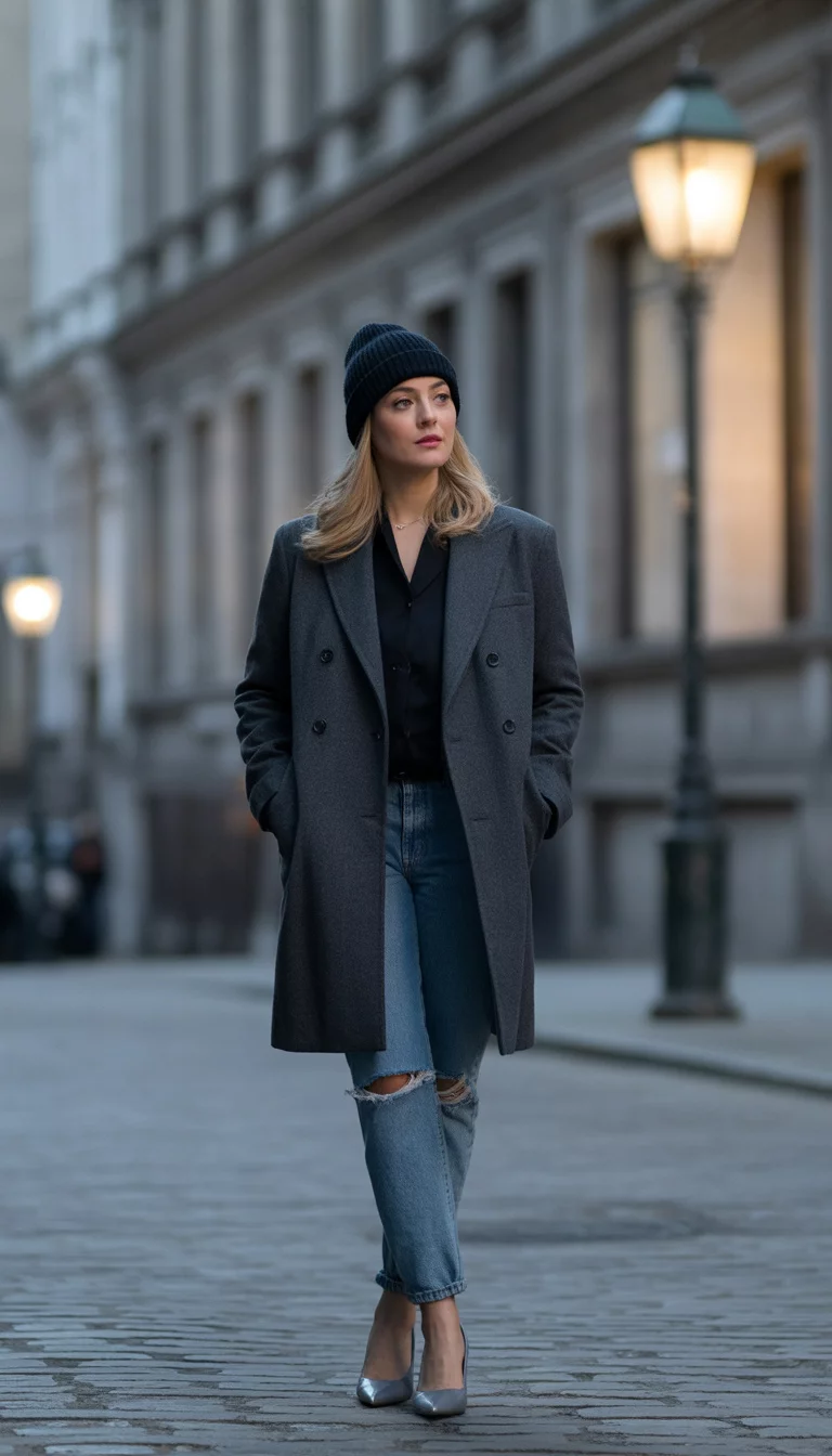 A beautiful 32-year-old woman in a dark grey coat, black beanie, ripped boyfriend jeans, and grey pointed-toe heels, stands on a cobblestone street.