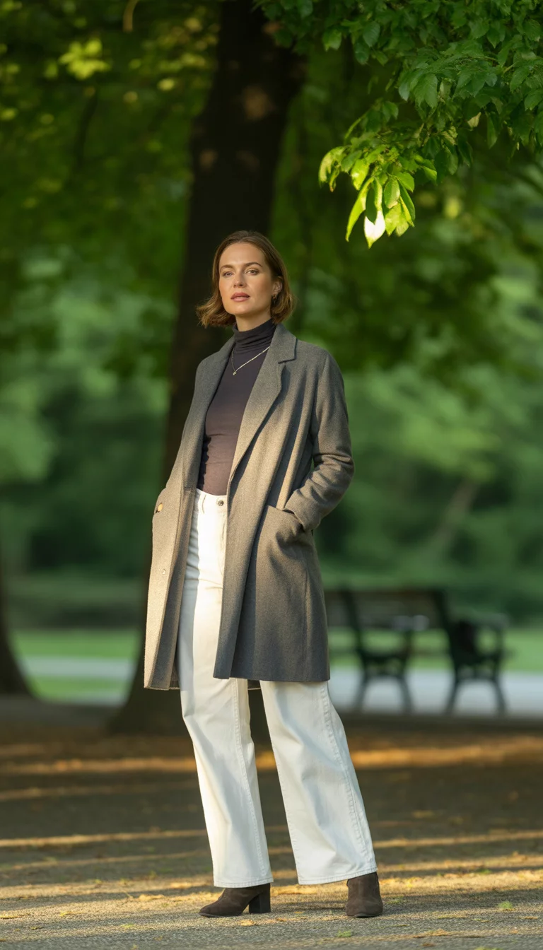 A beautiful 31-year-old woman in a grey open-front coat, a dark turtleneck, white wide-leg jeans, and dark brown suede boots, poses in a park.