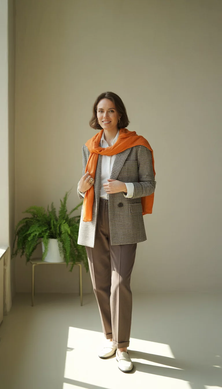 A beautiful 30-year-old woman in a plaid blazer, white shirt, brown trousers, and white loafers, with an orange scarf draped over her shoulders.