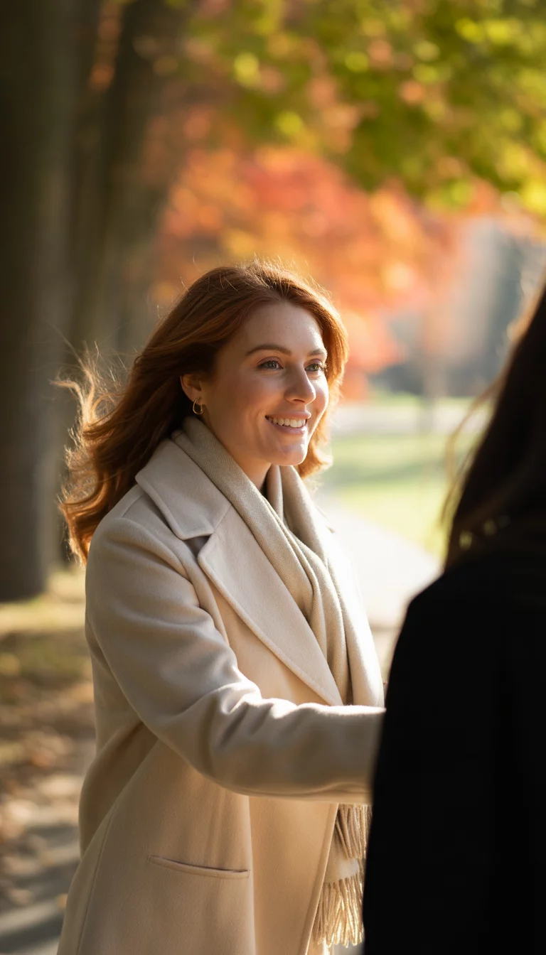 A beautiful 35-year-old woman in a cream coat and matching scarf, walking outdoors in autumn with friends.