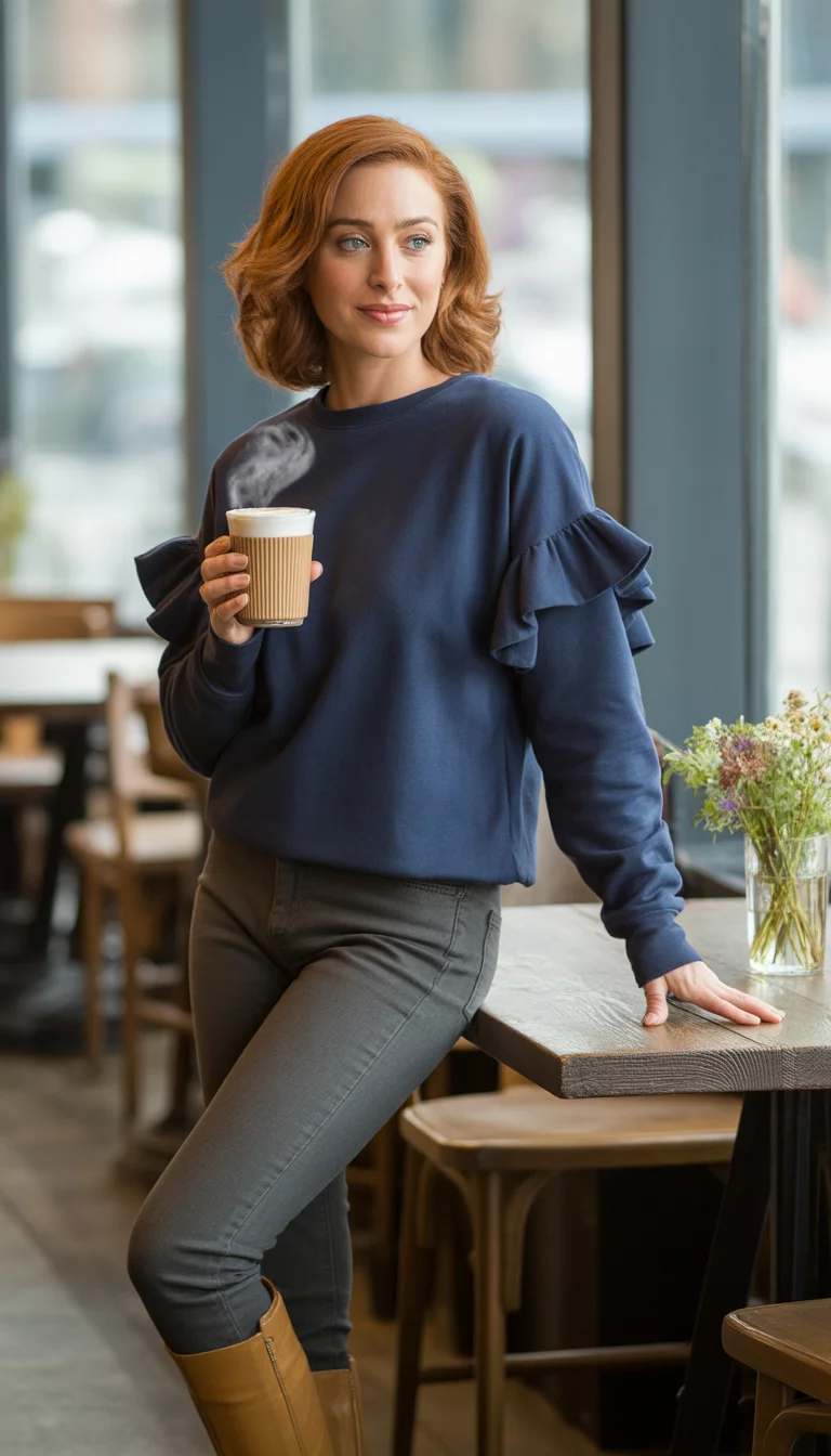 A beautiful 28-year-old woman in a navy sweatshirt with ruffled sleeves, dark grey skinny jeans, and tan knee-high boots, holds a drink.