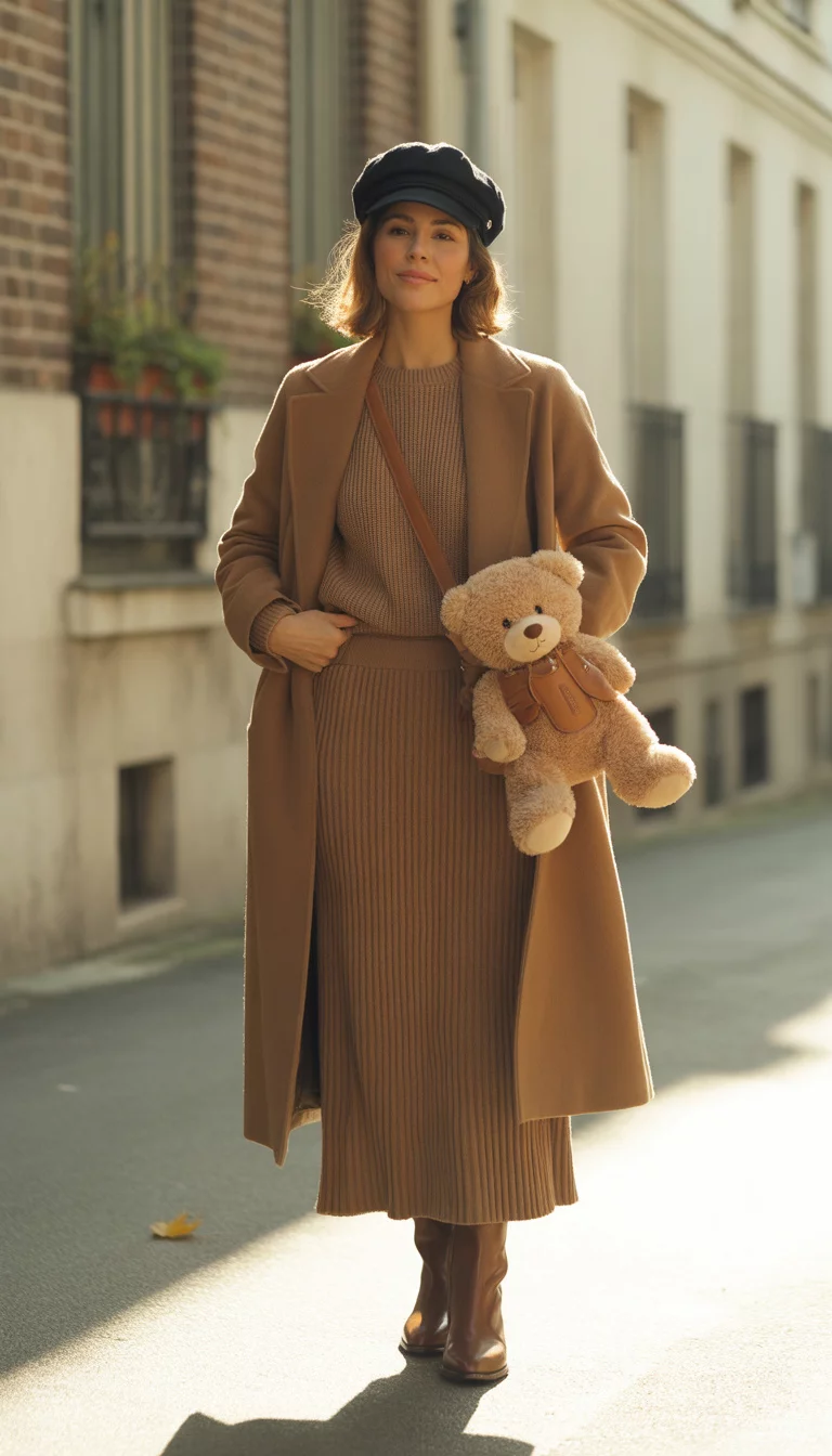 A beautiful 32-year-old woman in a camel coat, a matching knit sweater, a ribbed knit midi skirt, and brown boots, wearing a newsboy cap and carrying a teddy bear bag.