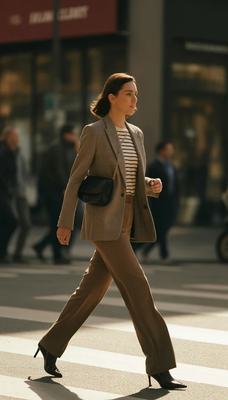 A beautiful 34-year-old woman in a brown checked blazer, a striped shirt, brown trousers, and black heeled boots, with a crossbody bag, walks across a street.